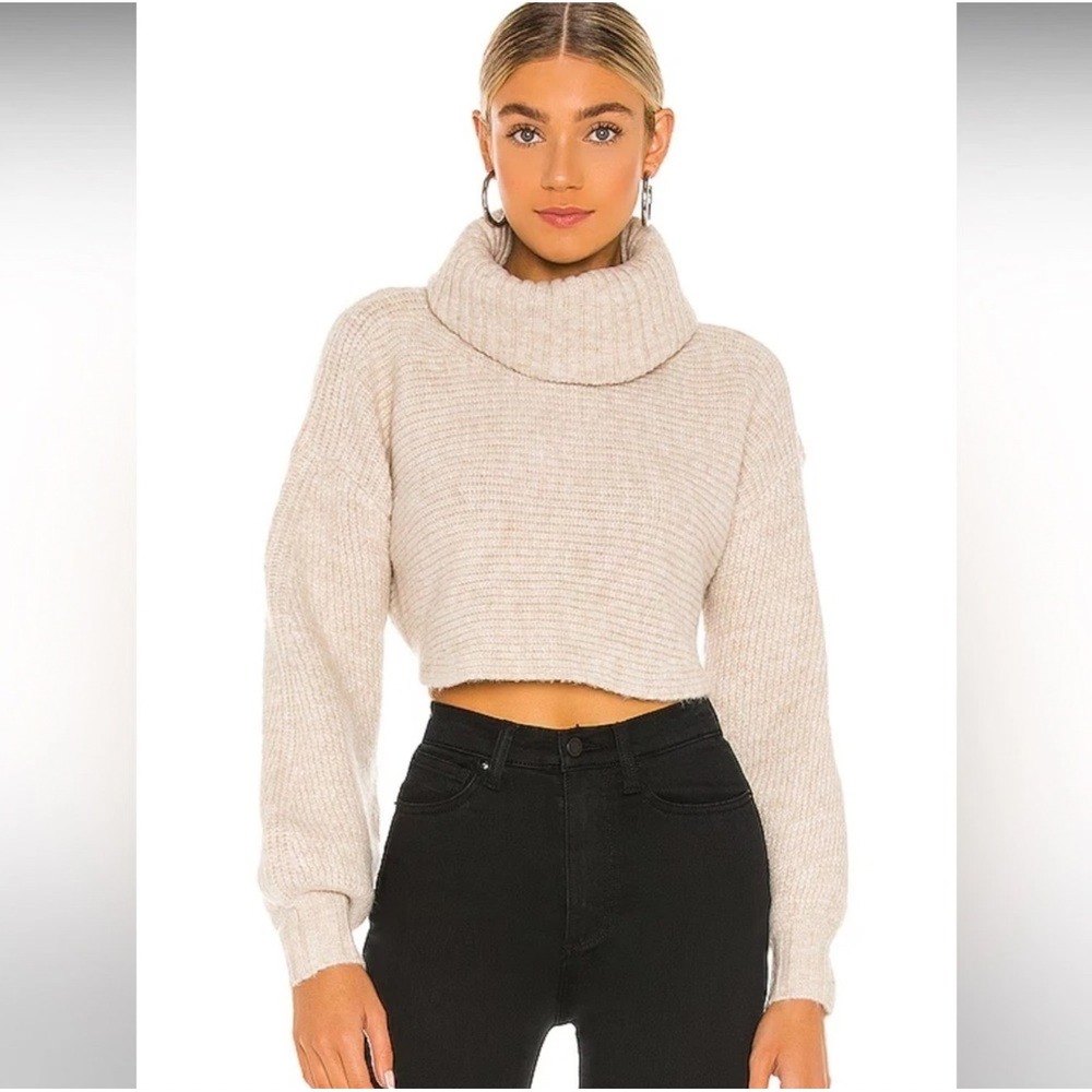 Michael Costello x Revolve Women XXS Wool Crop Sweater Beige Cowl Neck Open Back